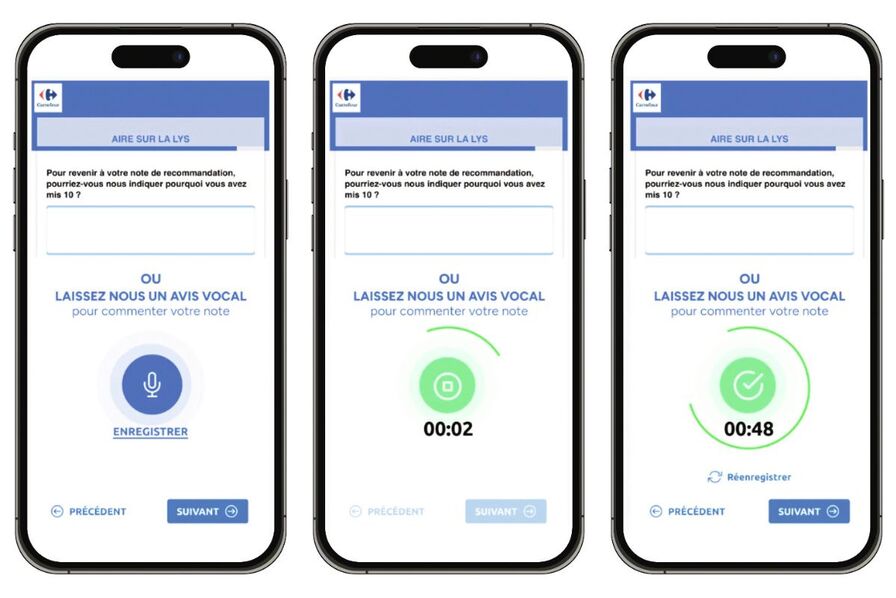 Solution de collecte d'avis vocaux dans le NPS de Carrefour, permettant aux clients de laisser des témoignages vocaux après leurs achats grâce à Ekoo.
