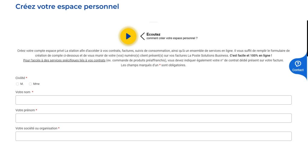 Capture d’écran d’une capsule audio sur le site La Poste La Station, expliquant étape par étape comment remplir un formulaire en ligne.