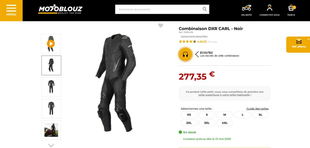 Capture d’écran d’une fiche produit Motoblouz avec le widget Ekoo audio fermé