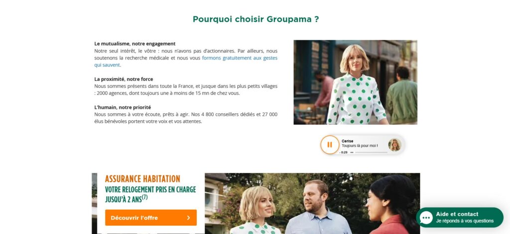 Capture de la page d’accueil de Groupama avec une capsule audio en lecture
