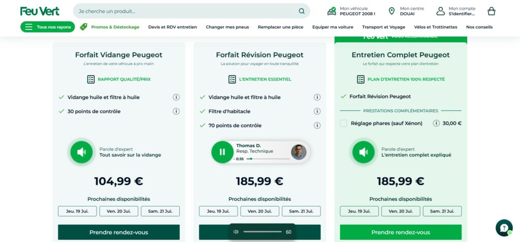 Capture d’écran desktop du site Feu Vert avec trois capsules audio sur des prestations, dont une en cours de lecture