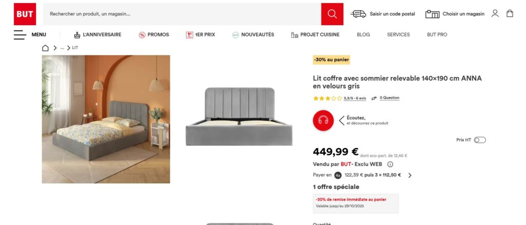 Capture d’écran d’une capsule audio EKOO fermée sur une fiche produit BUT