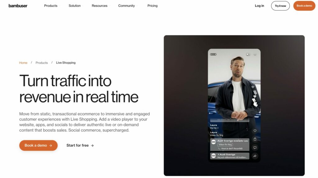 Interface Bambuser Live Shopping, top startup immersive pour convertir le trafic en revenus en temps réel