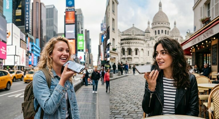 Jeunes femmes faisant des messages vocaux (Etats-Unis et France)