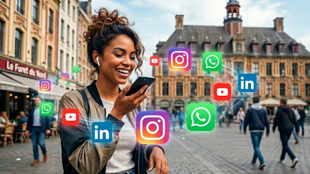 Jeune femme utilisant messages vocaux sur réseaux sociaux WhatsApp Instagram YouTube LinkedIn