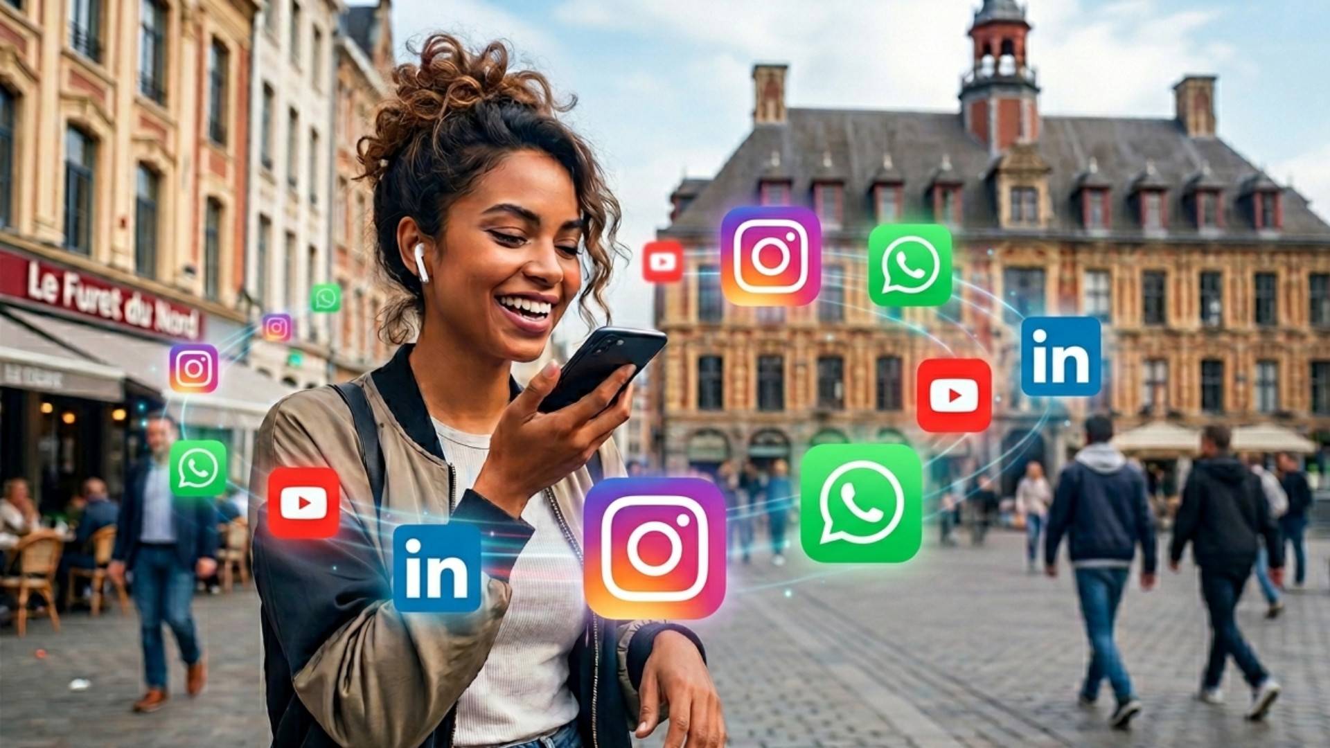 Jeune femme utilisant messages vocaux sur réseaux sociaux WhatsApp Instagram YouTube LinkedIn