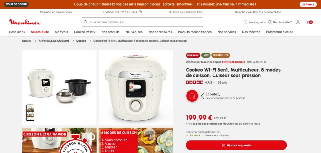 Page produit du Cookeo Wi-Fi Moulinex avec le lecteur audio EKOO affichant la capsule vocale du Groupe SEB.