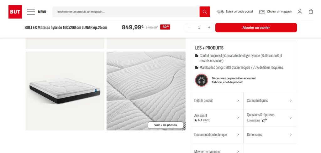 Capture d’écran d’une capsule audio EKOO fermée sur une fiche produit BUT